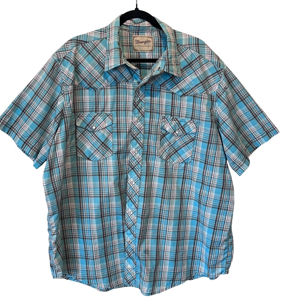 Wrangler Mens 2XL Western Pearl Snap‎ Shirt Short Sleeve Turquoise Plaid Blue